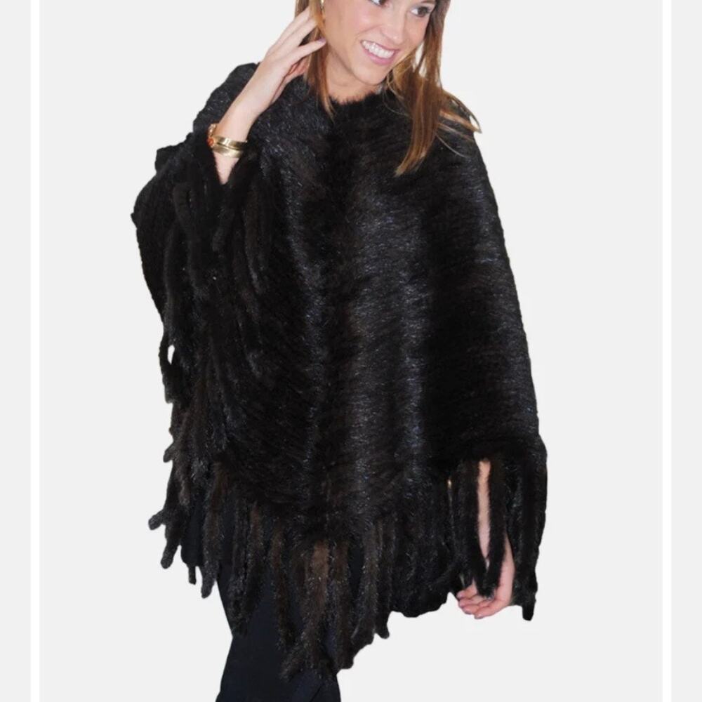 Knitted Mink Fur Poncho - in Black One size